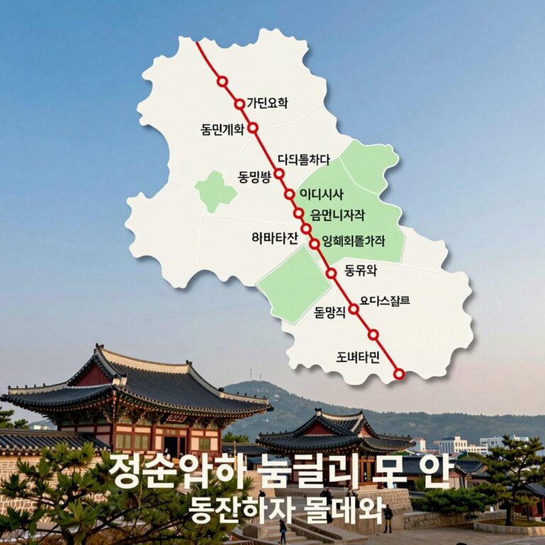 정순왕후 숨결길 코스 지도와 동망봉에서 바라본 서울 동쪽 하늘 풍경
