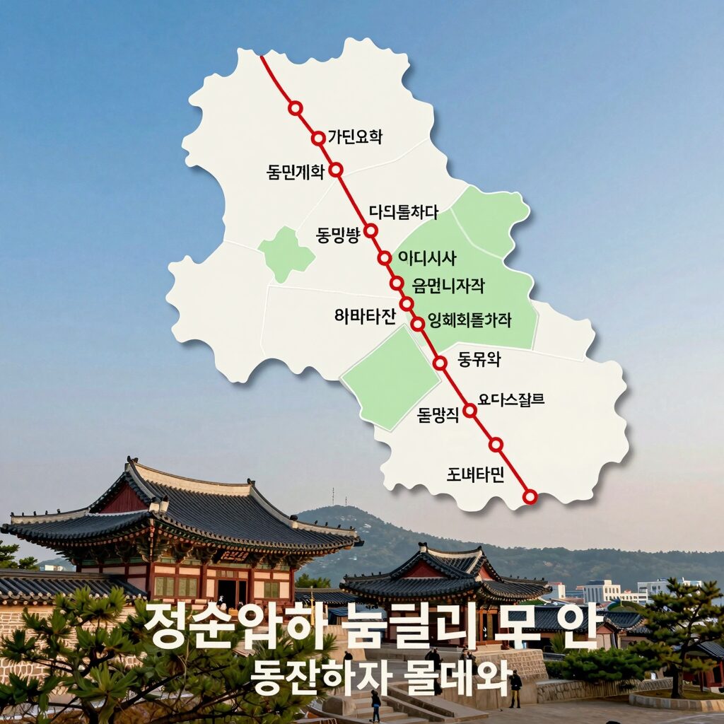 정순왕후 숨결길 코스 지도와 동망봉에서 바라본 서울 동쪽 하늘 풍경