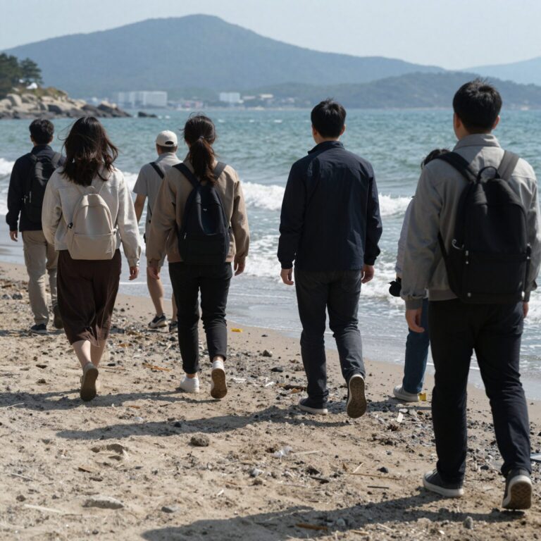진도 신비의 바닷길 축제 현장에서 바다 위를 걷는 사람들과 갈라진 바다 풍경