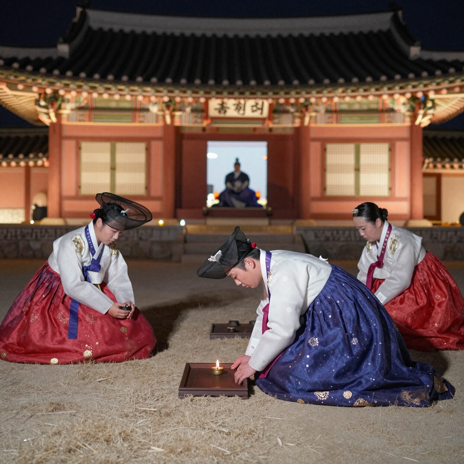 야간 종묘 정전 앞에서 진행되는 묘현례 의식, 왕과 세자가 제례악에 맞춰 절하는 장면