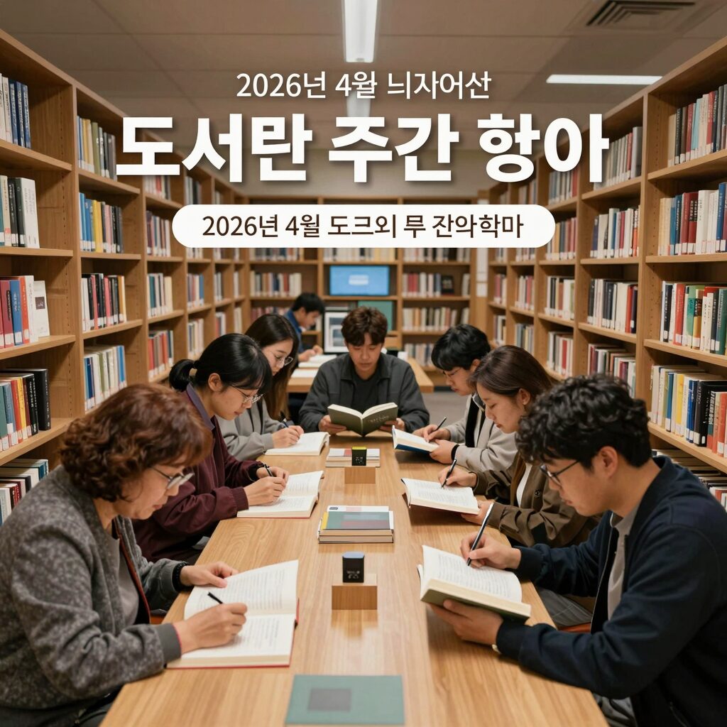 2026년 4월 도서관 주간 행사 포스터와 다양한 연령대의 사람들이 도서관에서 책을 읽고 체험 활동을 하는 모습