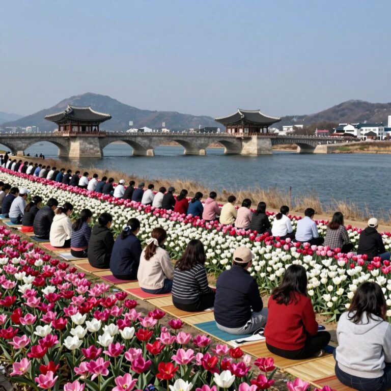 밀양 어화꽃불놀이 명당에서 바라본 영남루와 응천강 야경, 사람들이 돗자리에 앉아 기다리고 있음