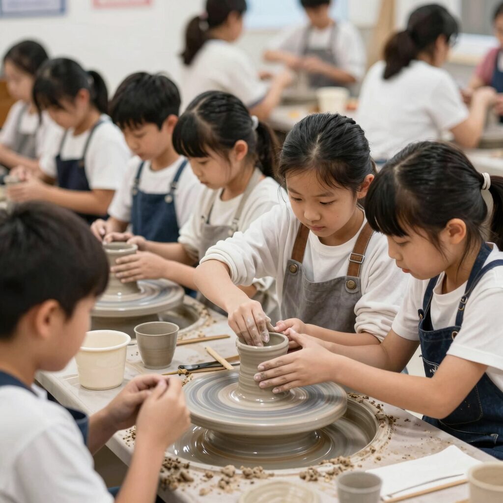 문경찻사발축제 가족 체험 프로그램 아이들이 직접 흙을 만지며 도자기를 만들고 있는 모습