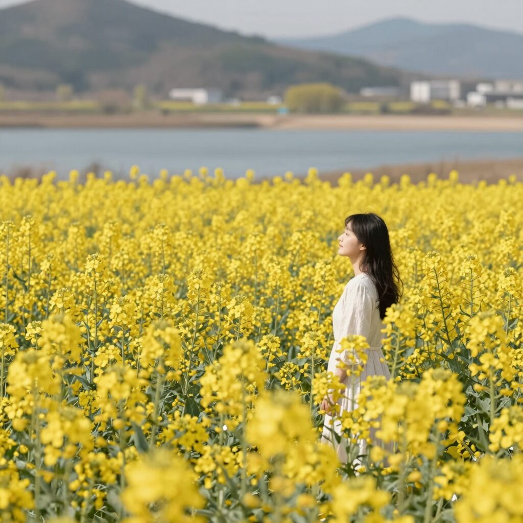 낙동강과 만개한 노란 유채꽃밭이 조화를 이루는 창녕의 봄 풍경
