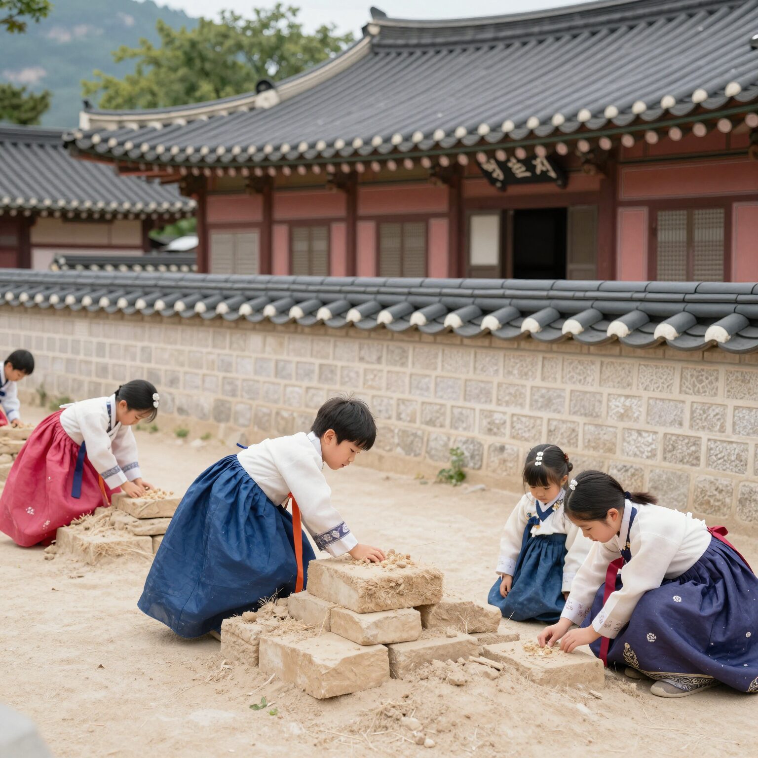 남한산성 행궁에서 아이가 전통복식을 입고 성곽모형을 쌓으며 체험하는 모습