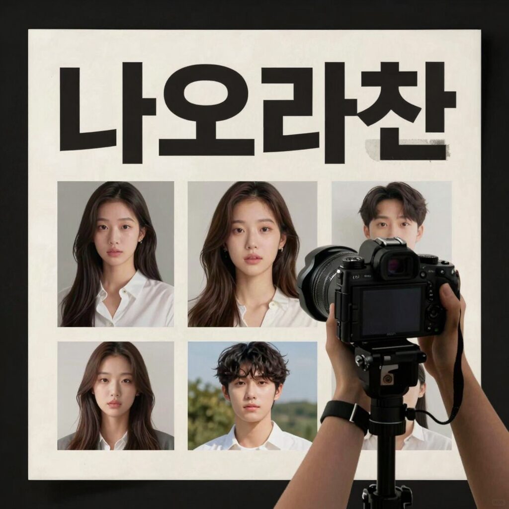 나오라쇼 공식 포스터와 다양한 참가자 영상 썸네일이 화면에 떠 있는 모습