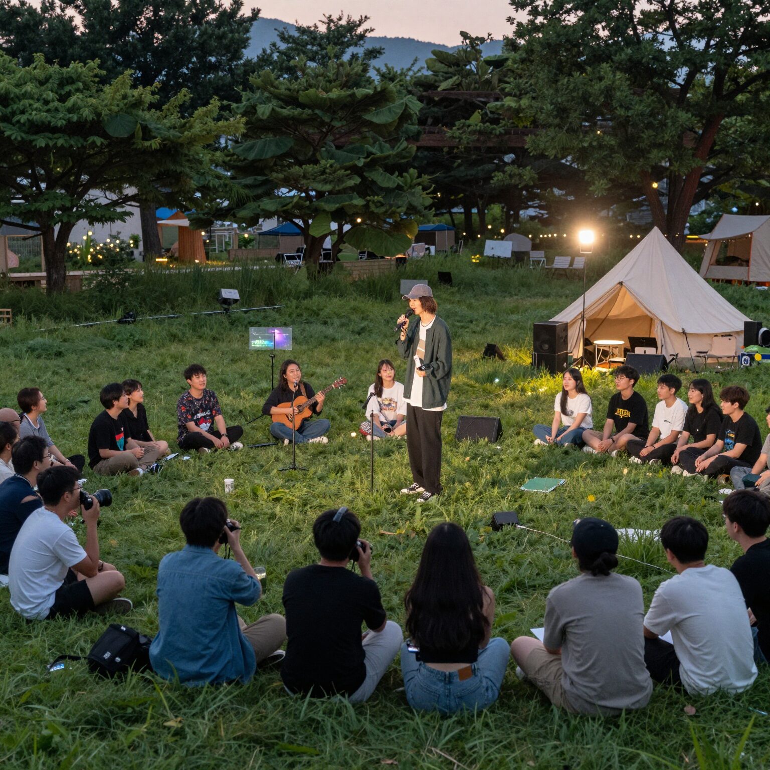노들섬 잔디마당에서 해질녘에 열리는 미리봄 페스티벌 라이브 공연 장면 상상도