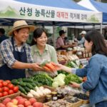 산청 농특산물 대제전 직거래 장터에서 신선한 채소와 과일, 특산품을 판매하는 모습