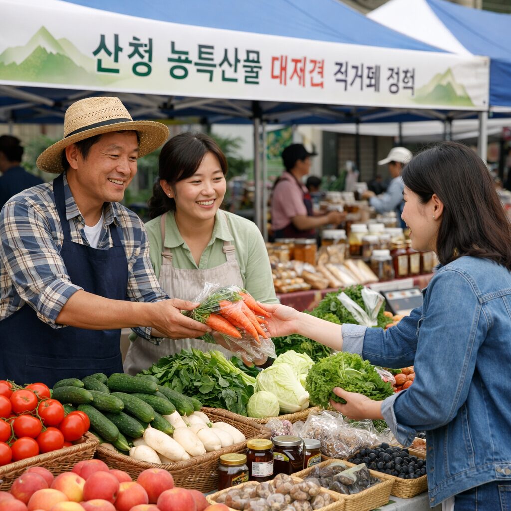 산청 농특산물 대제전 직거래 장터에서 신선한 채소와 과일, 특산품을 판매하는 모습