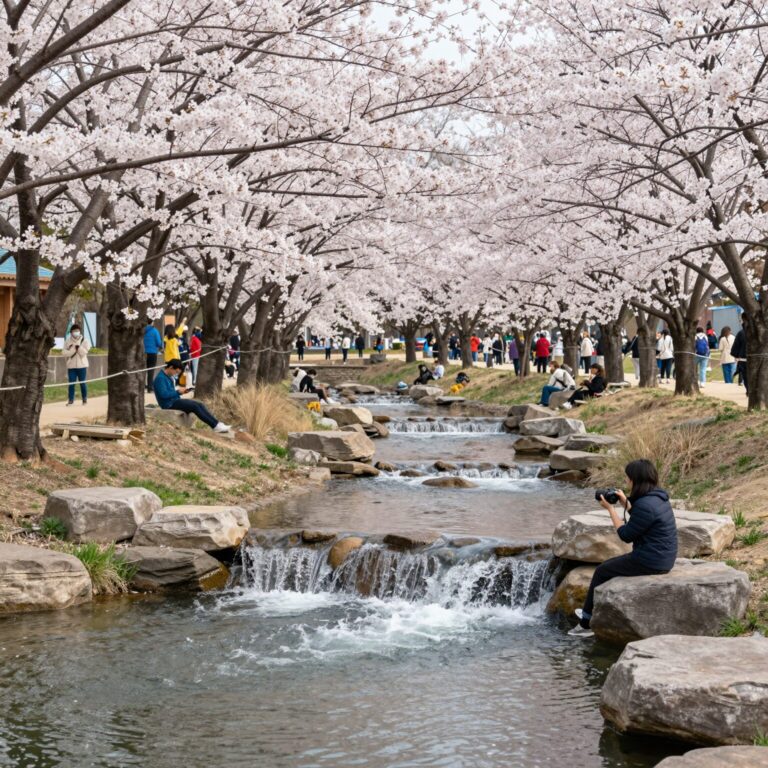 서대문 봄빛축제가 열리는 홍제천의 봄 풍경, 만개한 벚꽃과 인공폭포가 어우러진 모습