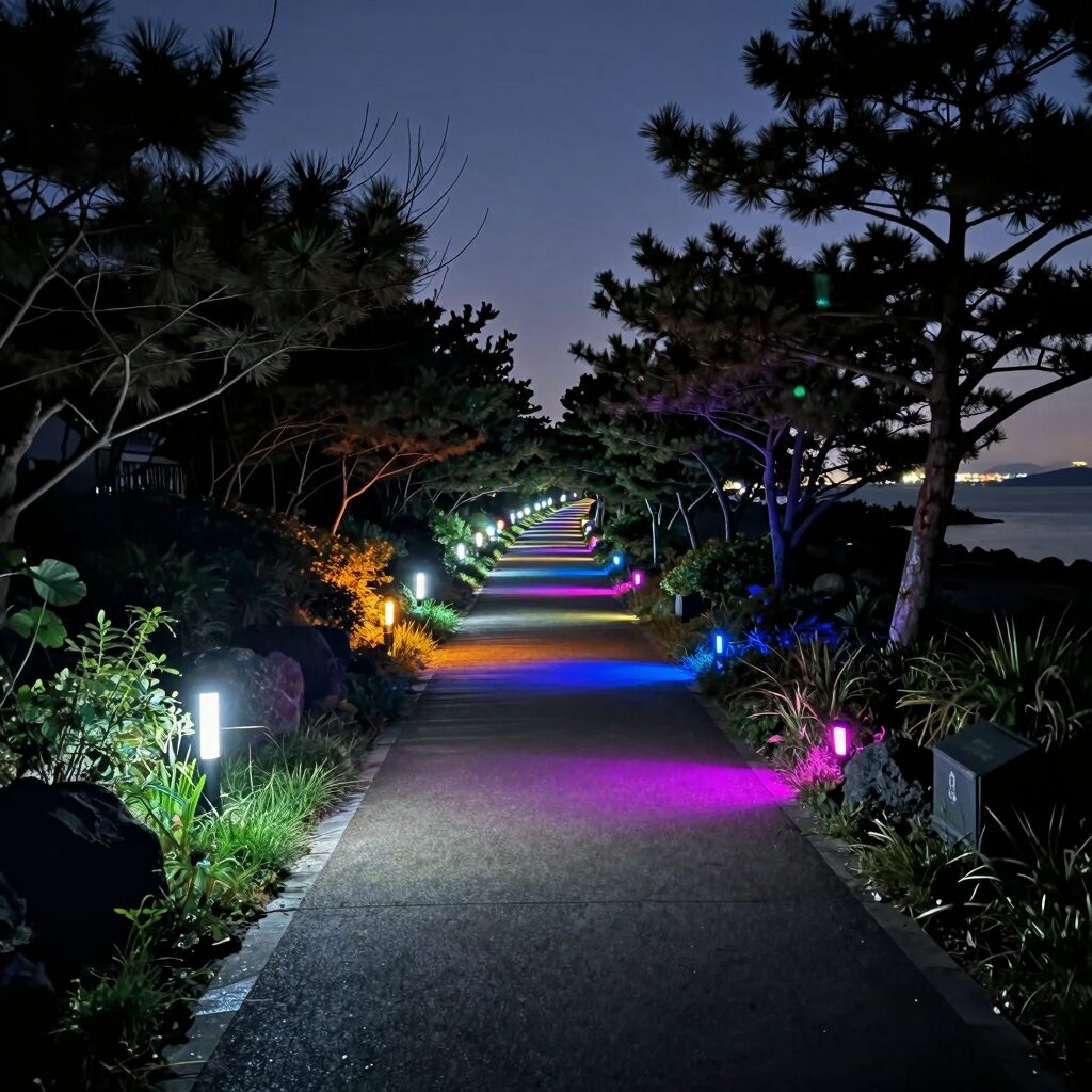 야간 조명이 아름다운 서귀포 새섬 공원 산책로, 형형색색 불빛이 비치는 길