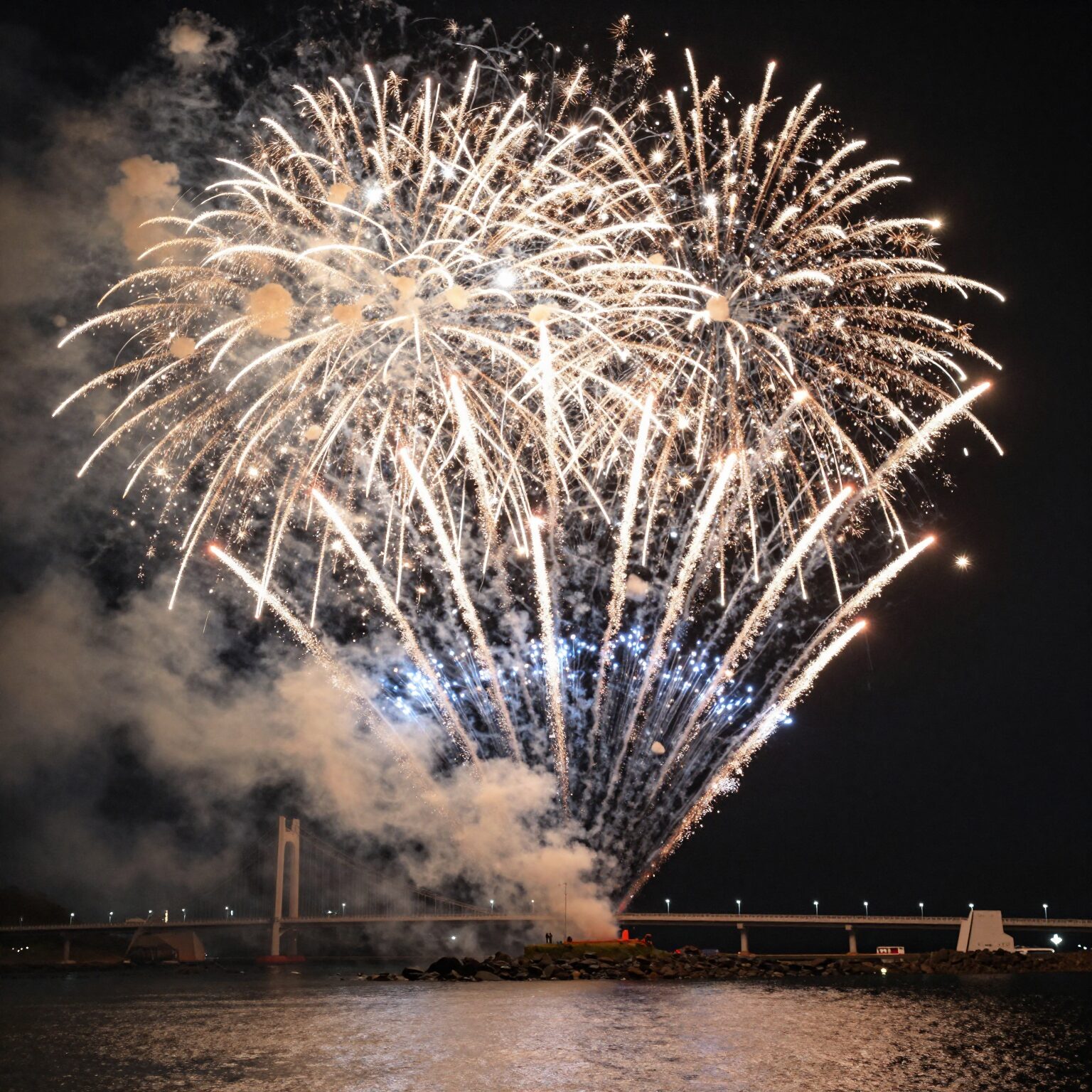 서귀포 새연교에서 펼쳐지는 야간 불꽃쇼 장면, 바다와 다리 배경으로 화려한 불꽃이 터지고 있음