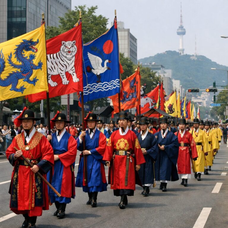 선농대제 어가 행렬 전통 복장을 한 행렬단이 깃발을 들고 도로를 행진하는 모습