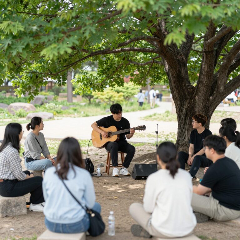 2026년 봄 창포원에서 열린 구석구석라이브 버스킹 공연 현장, 기타리스트가 나무그늘 아래에서 연주하고 관객이 둘러앉아 있다.