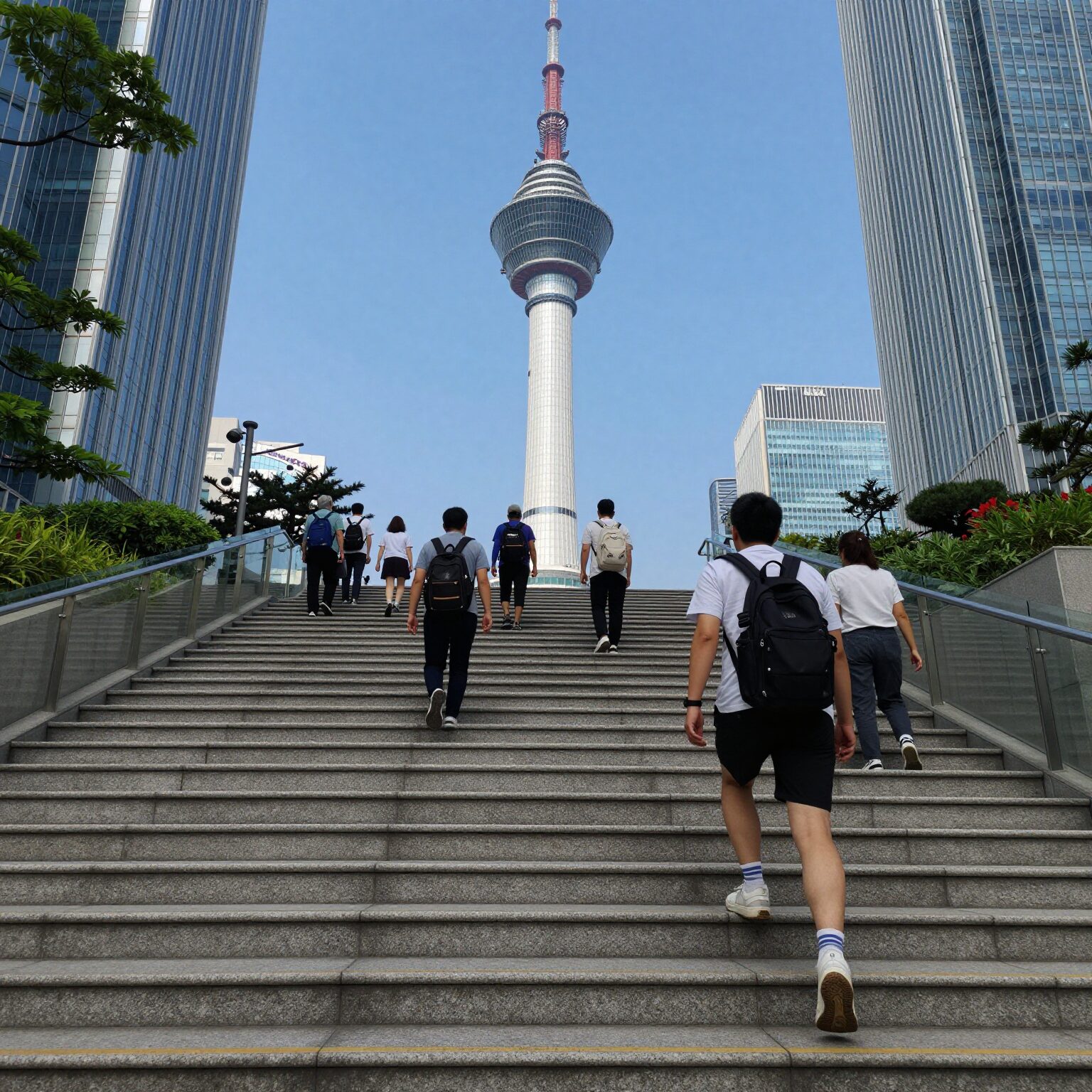 롯데월드타워 스카이런 참가자가 높은 계단을 오르는 모습과 서울 전경