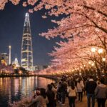 석촌호수 벚꽃 축제 야경 조명이 비친 핑크빛 벚꽃 터널과 롯데월드타워