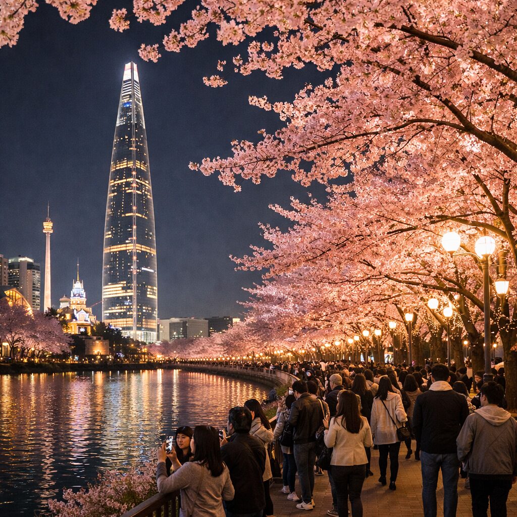 석촌호수 벚꽃 축제 야경 조명이 비친 핑크빛 벚꽃 터널과 롯데월드타워