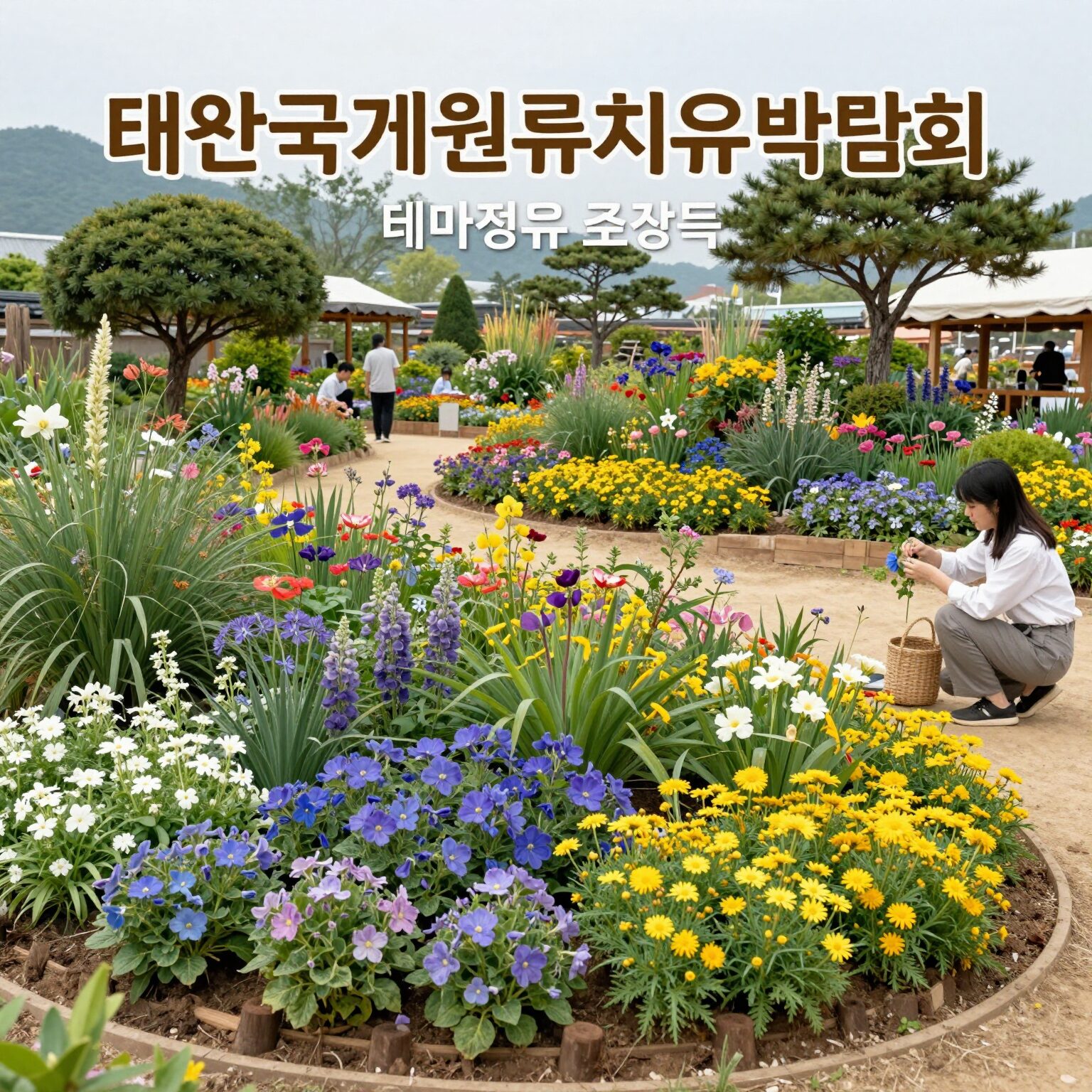 태안국제원예치유박람회 테마정원 조감도와 다양한 꽃들이 펼쳐진 모습