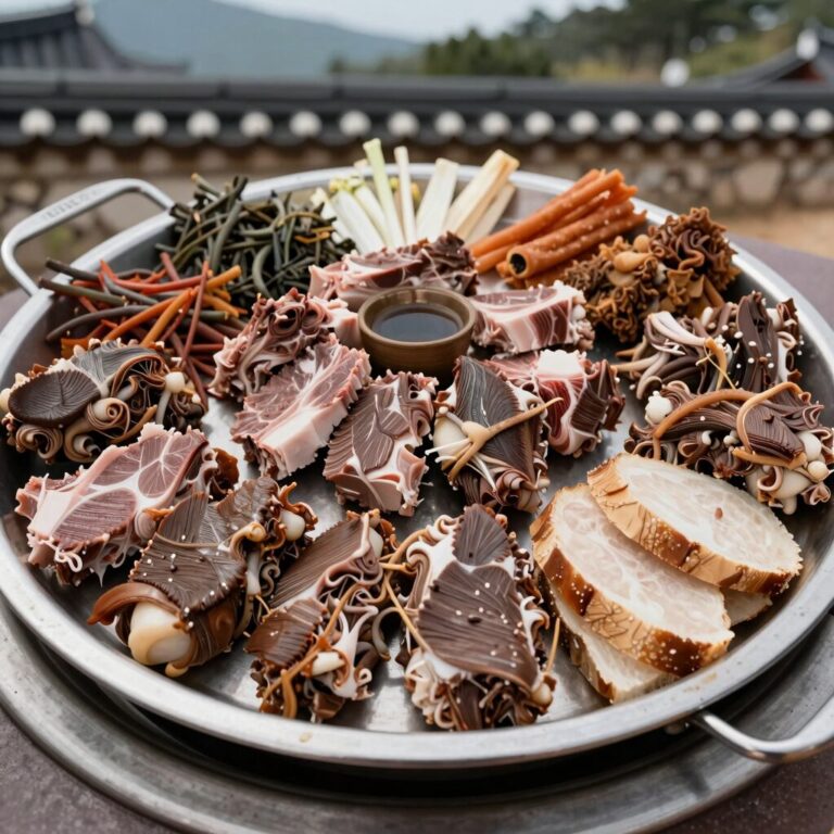 태백 산나물 축제에서 산나물을 싸서 먹는 태백 한우 구이 접시