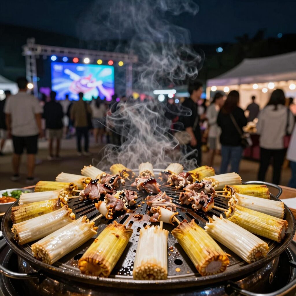 우도 소라축제 우도의 밤 행사장 야경, 불판에서 구워지는 소라구이와 사람들