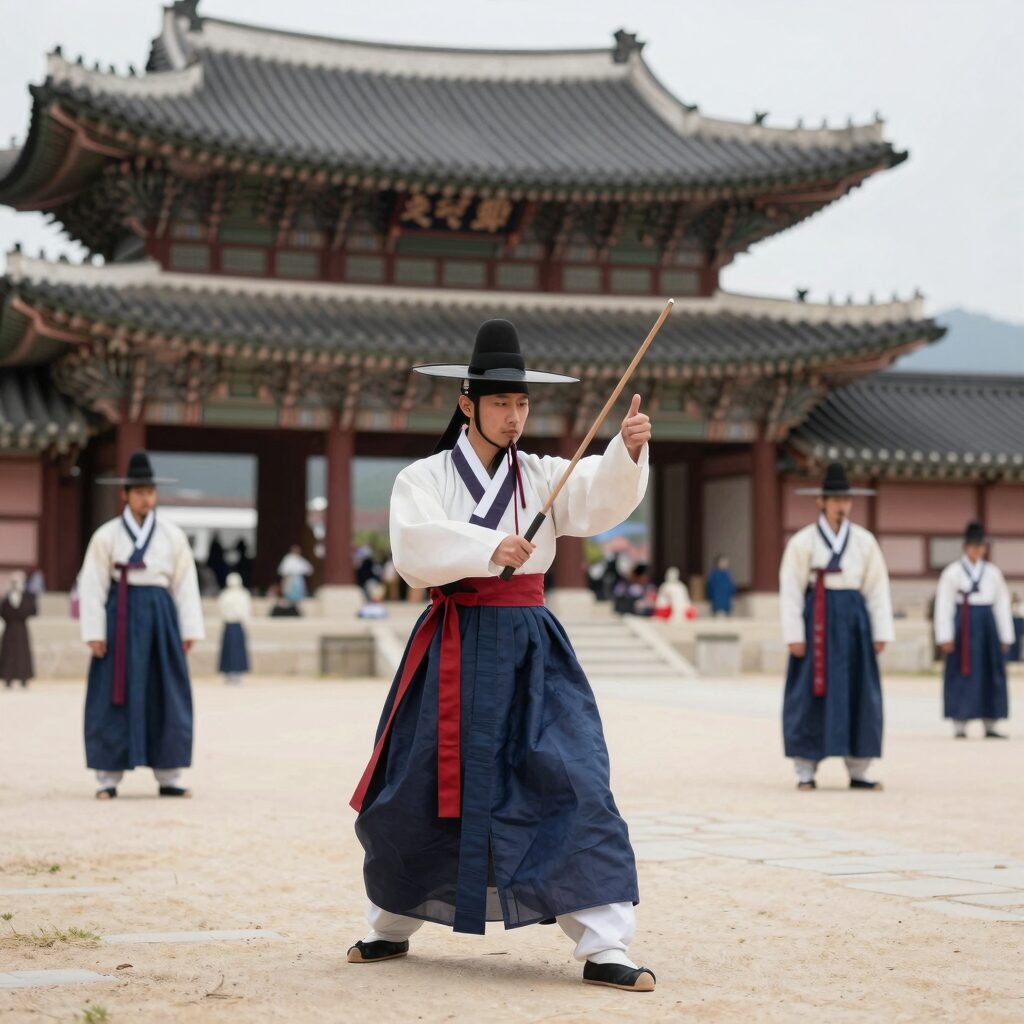 광화문 의정부지 역사유적광장에서 조선시대 군사 의례 열무를 재현하는 모습. 전통 무예 복장을 한 출연진이 본국검 시범을 보이고 있다.