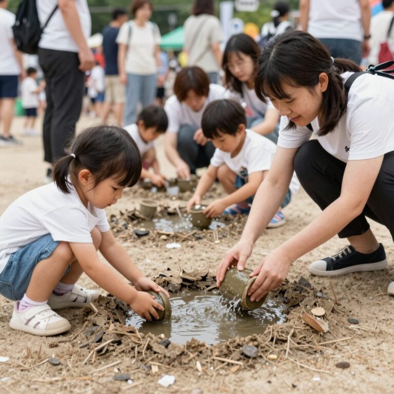 아이가 물레 체험하는 모습으로 울산옹기축제 가족 체험 분위기