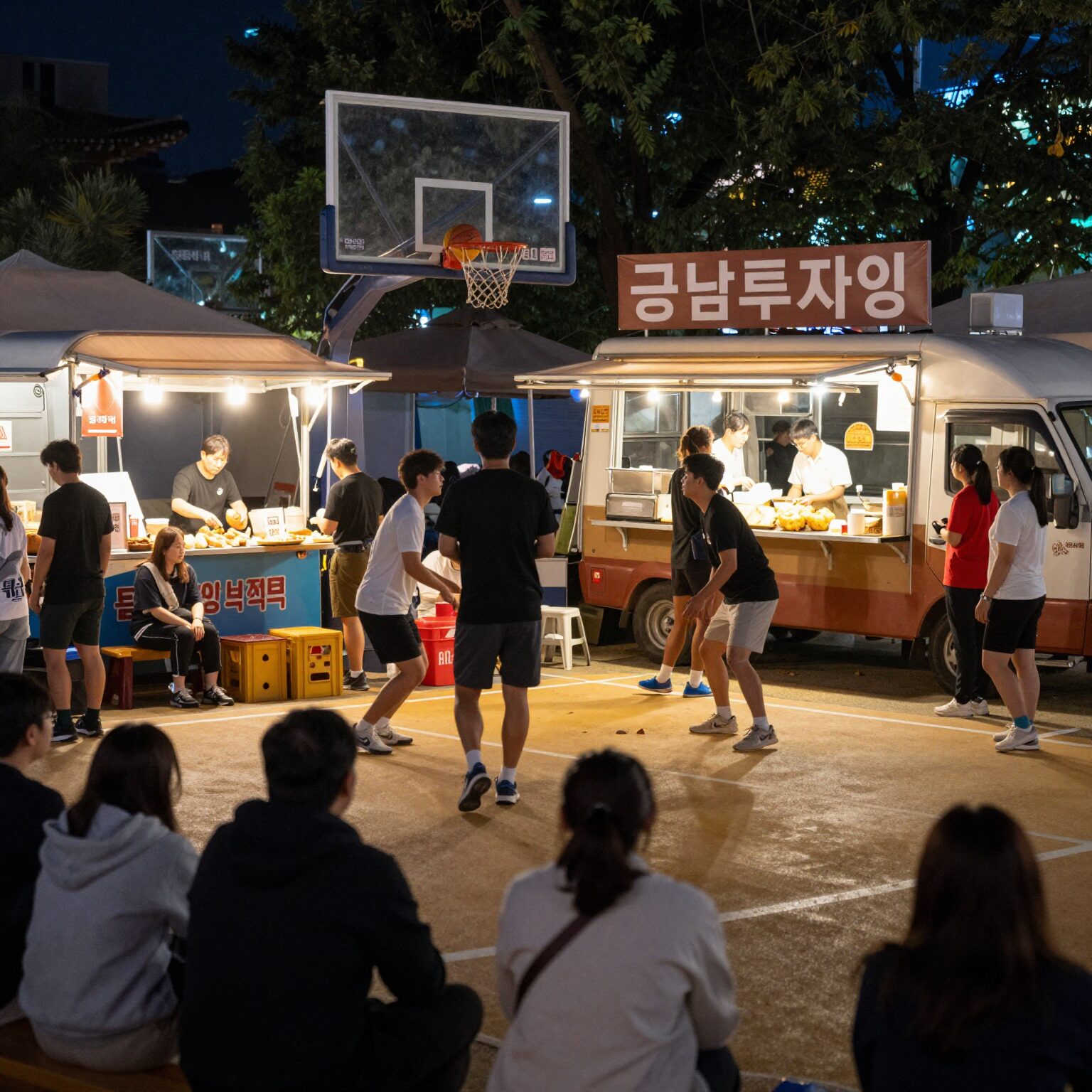 광주 금남로 걷자잉 축제 현장에서 사람들이 길거리에서 농구를 하고 푸드트럭을 이용하는 모습