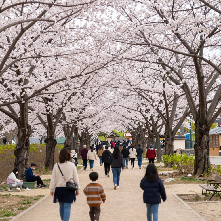 봄 벚꽃이 만개한 영암 왕인박사유적지 축제 장면