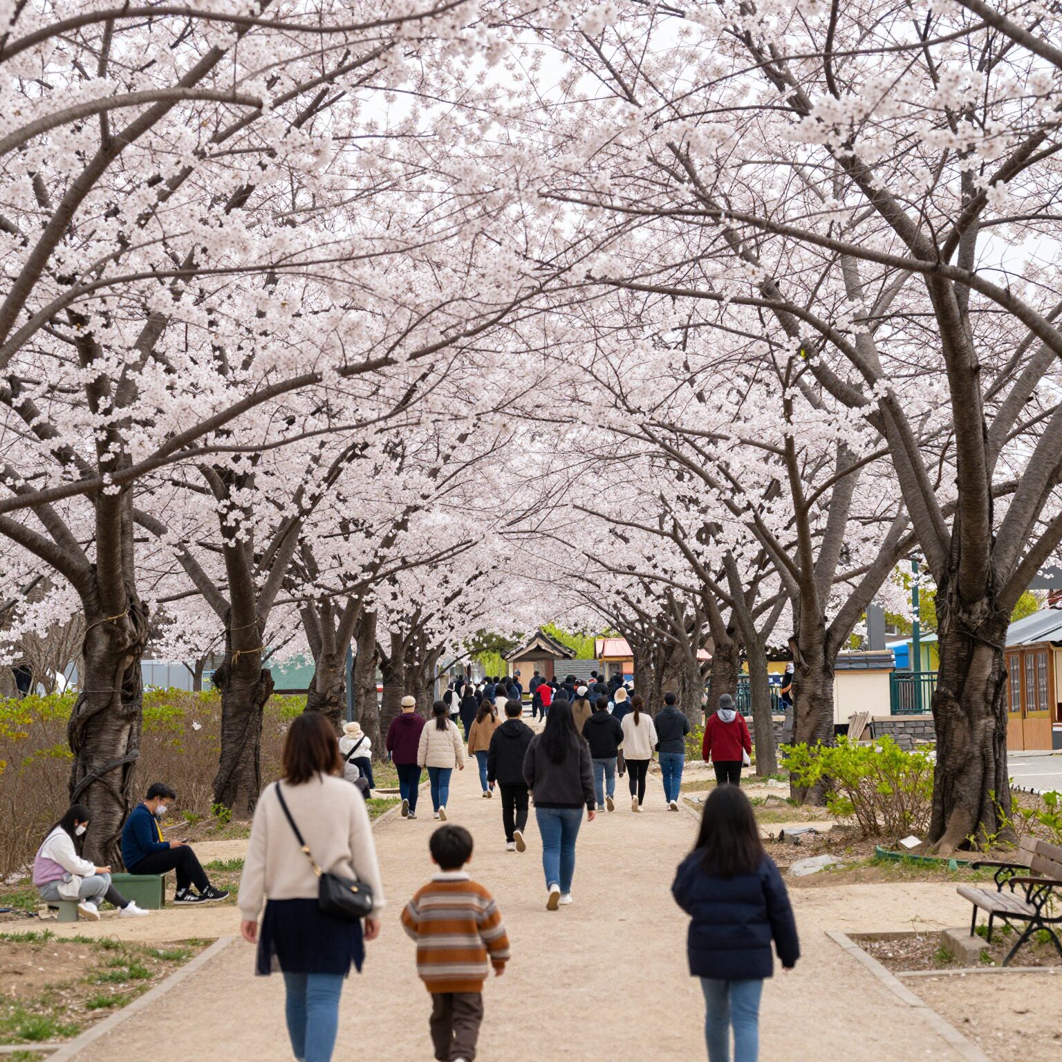 봄 벚꽃이 만개한 영암 왕인박사유적지 축제 장면, 가족과 관광객들이 즐거워함