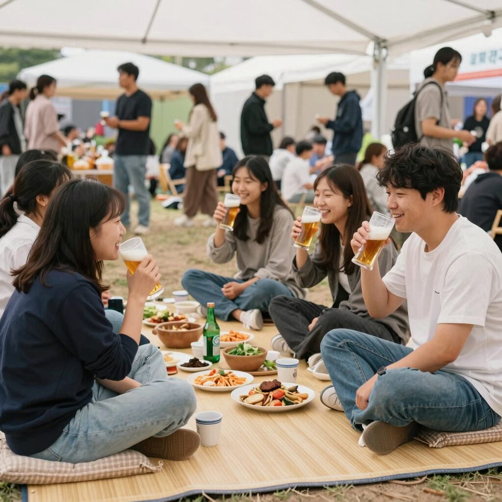 봄밤에 열리는 양동통맥축제 현장, 사람들이 돗자리에 앉아 맥주와 음식을 즐기며 웃고 있는 모습