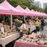 양재아트살롱 플리마켓 부스들이 늘어선 모습, 핑크색 텐트와 다양한 수공예품