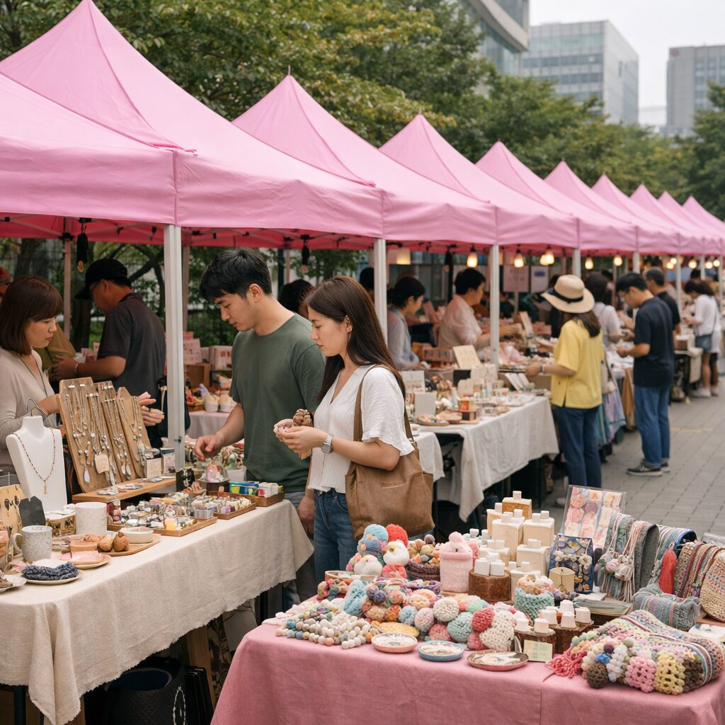 양재아트살롱 플리마켓 부스들이 늘어선 모습, 핑크색 텐트와 다양한 수공예품