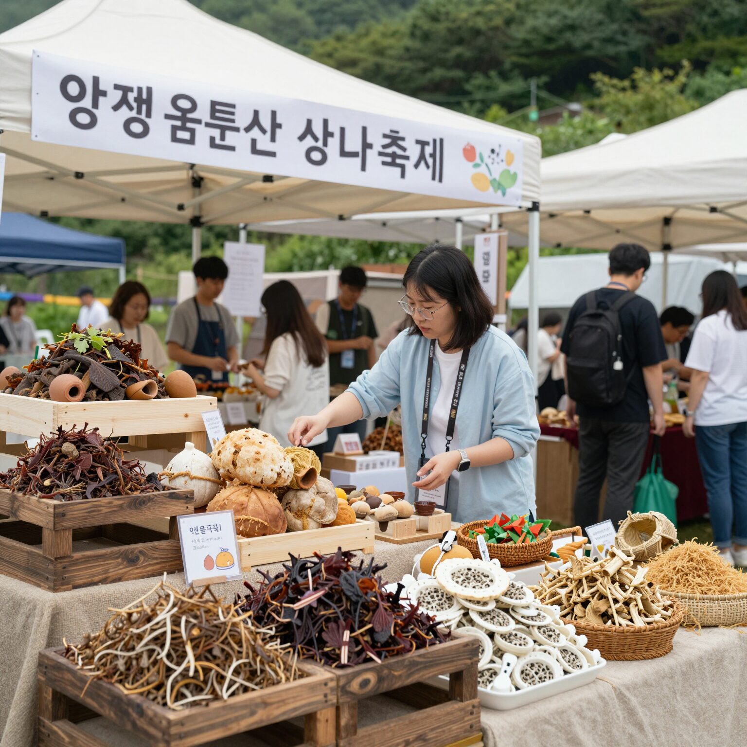 양평 용문산 산나물축제 현장의 다양한 먹거리 장터와 체험 부스 풍경