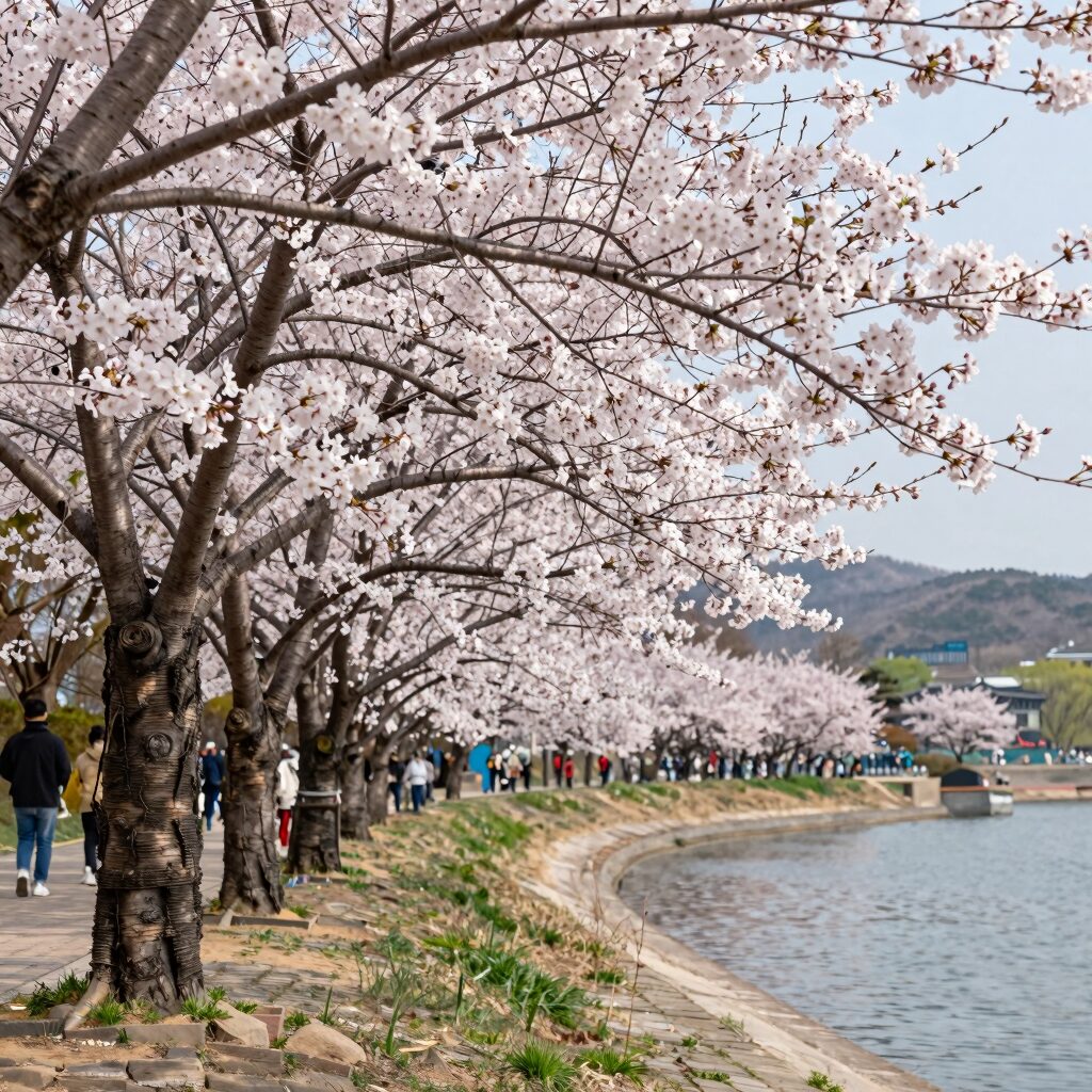 2026년 4월 초 영랑호 벚꽃 개화 현장 사진, 부분 만개된 벚꽃나무와 호수 배경