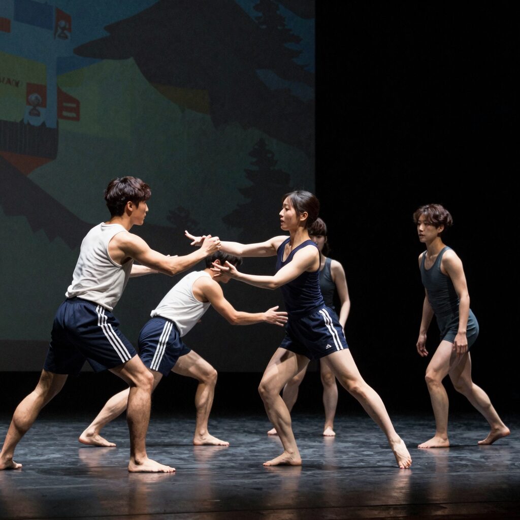 제22회 부산국제무용제 공연 장면 무용수들이 무대 위에서 역동적인 동작을 선보이고 있다