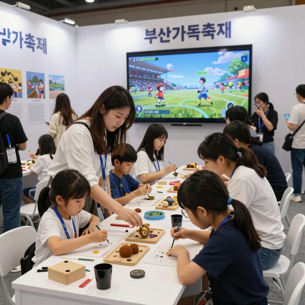 부산가족축제 부스에서 아이들이 직접 만들기 체험을 하고 있는 모습 가족 단위 방문객들로 북적이는 행사장