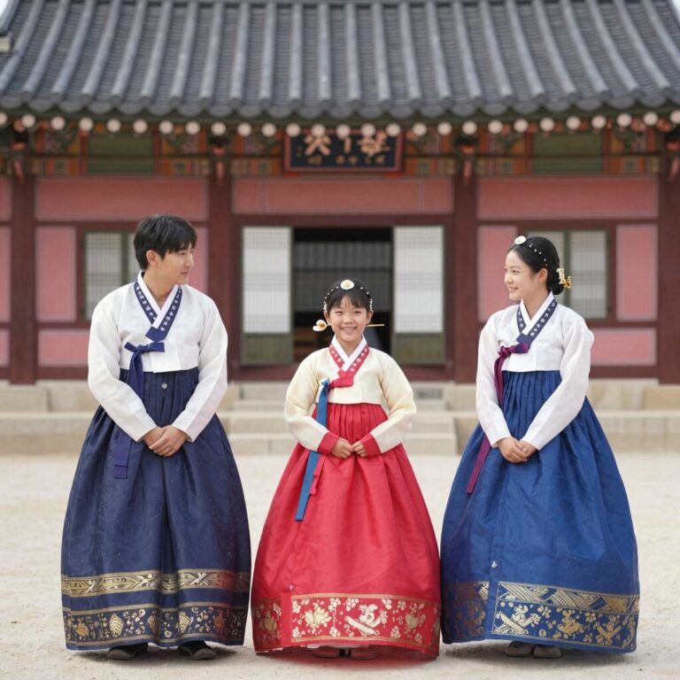 창경궁 야연에서 전통 복식을 입고 기념사진을 찍는 가족들의 모습