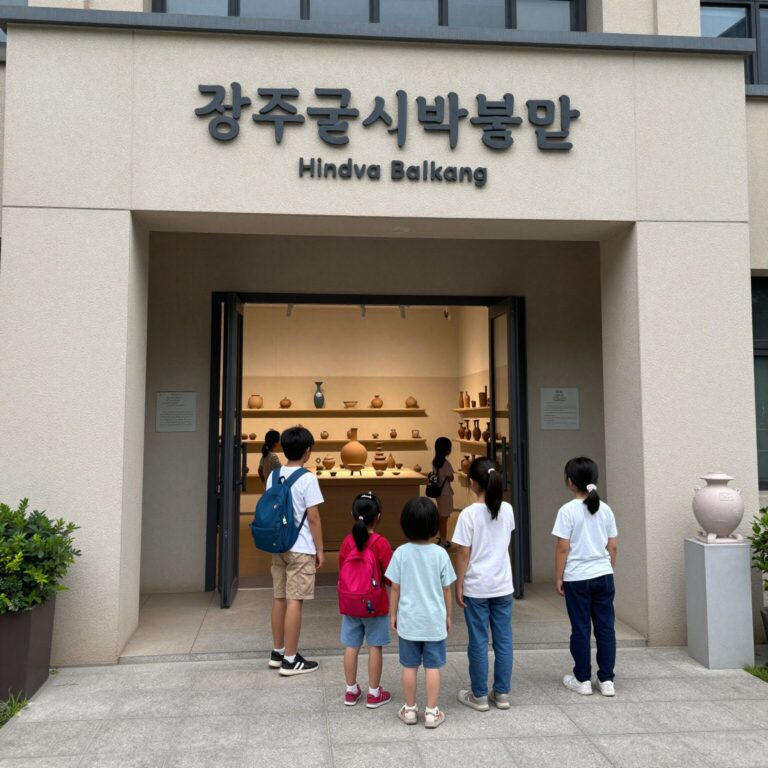 광주국립박물관 어린이박물관 입구에서 어린이들이 도자기 전시를 살펴보는 모습