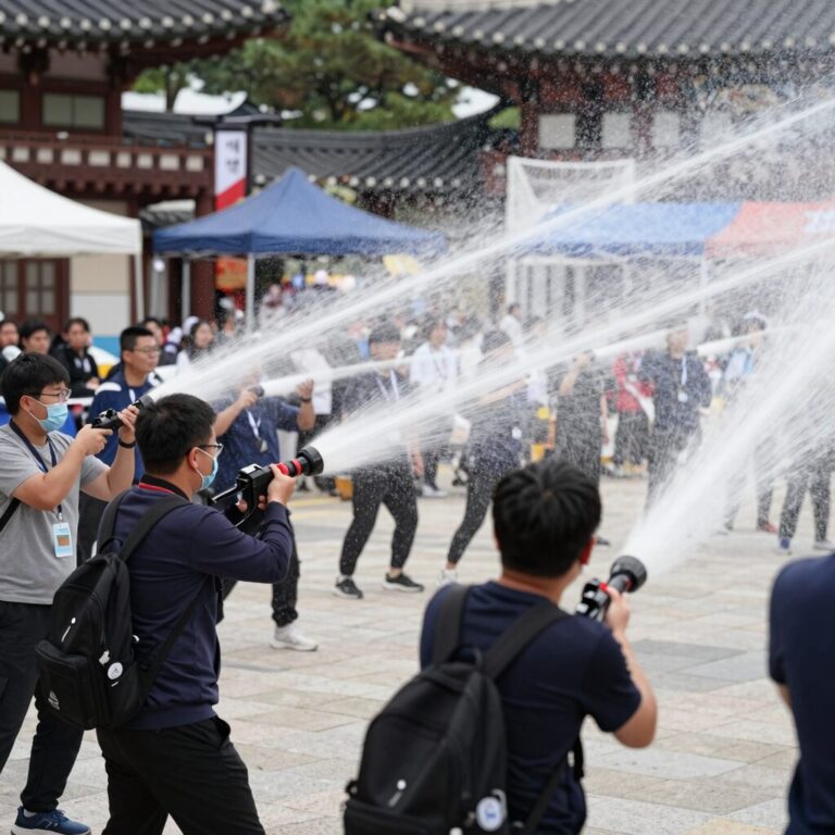 춘천 도심 한복판에서 열리는 개막난장 아!수라장의 모습, 사람들이 물대포를 맞으며 즐거워하고 있다.