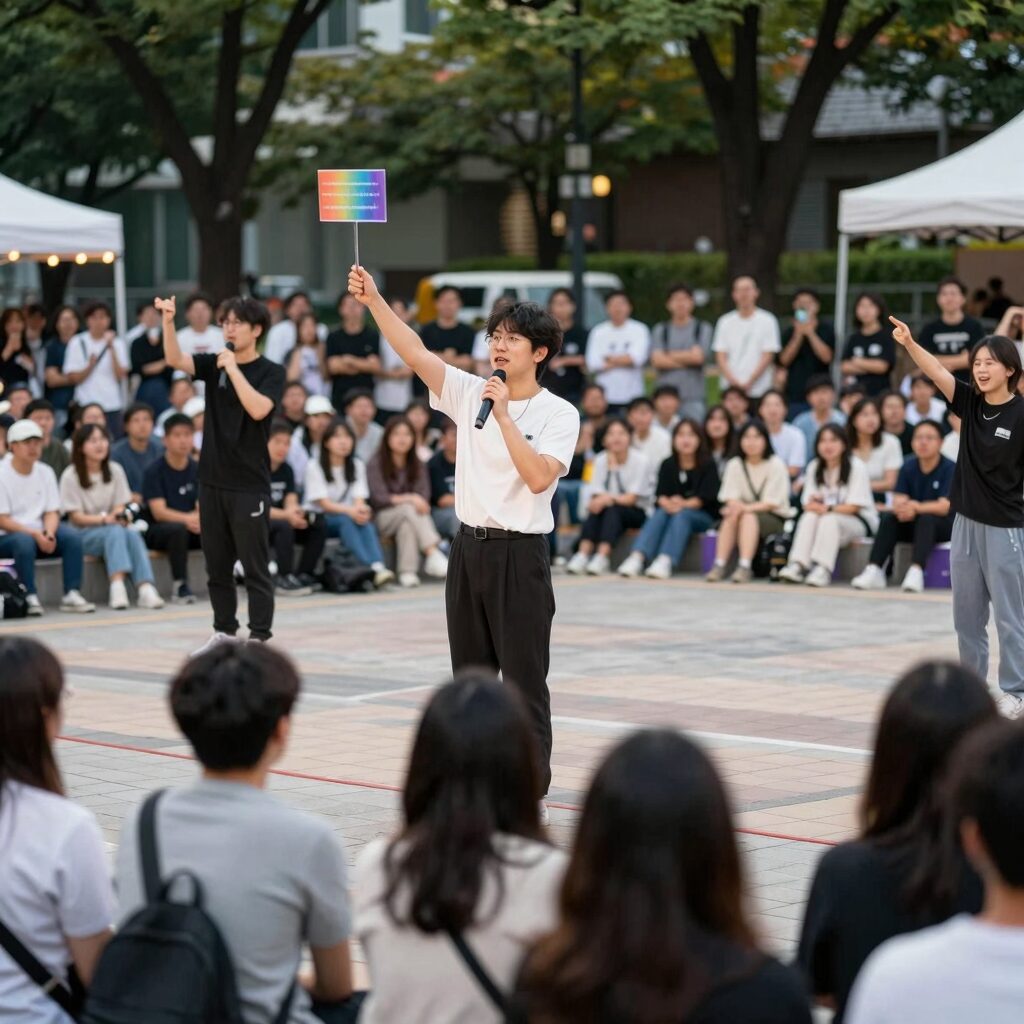 대학로 마로니에공원에서 열린 D.FESTA 거리공연축제의 활기찬 현장 사진으로 많은 관객들이 거리에서 공연을 즐기고 있다