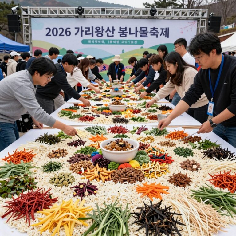 2026 가리왕산 봄나물축제에서 펼쳐지는 대형 산나물 비빔밥 퍼포먼스 장면. 많은 사람들이 모여 신선한 나물이 가득한 비빔밥을 지켜보고 있다.