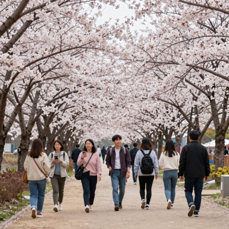 거창에 On 봄축제가 열리고 있는 창포원의 화려한 봄꽃과 벚꽃 터널 풍경, 방문객들이 산책하며 사진을 찍고 있다.