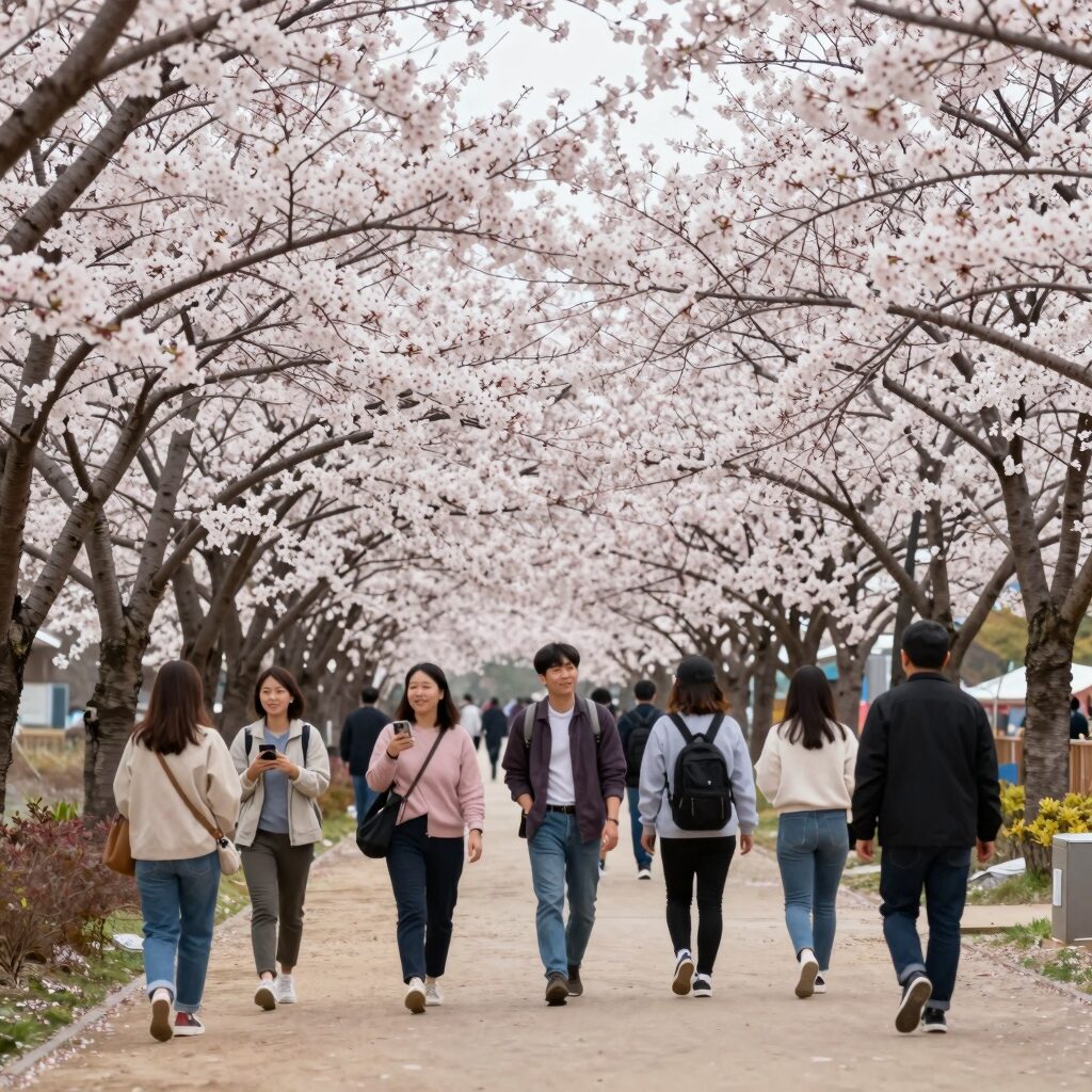 거창에 On 봄축제가 열리고 있는 창포원의 화려한 봄꽃과 벚꽃 터널 풍경, 방문객들이 산책하며 사진을 찍고 있다.