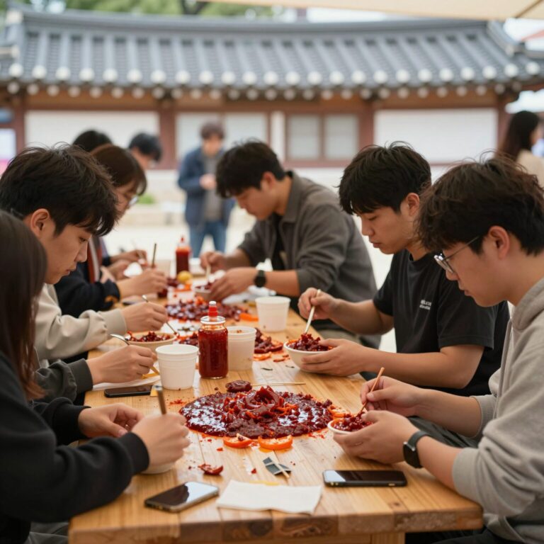 괴산 빨간맛 페스티벌에서 참가자들이 고추장 담그기 체험을 하고 있는 모습