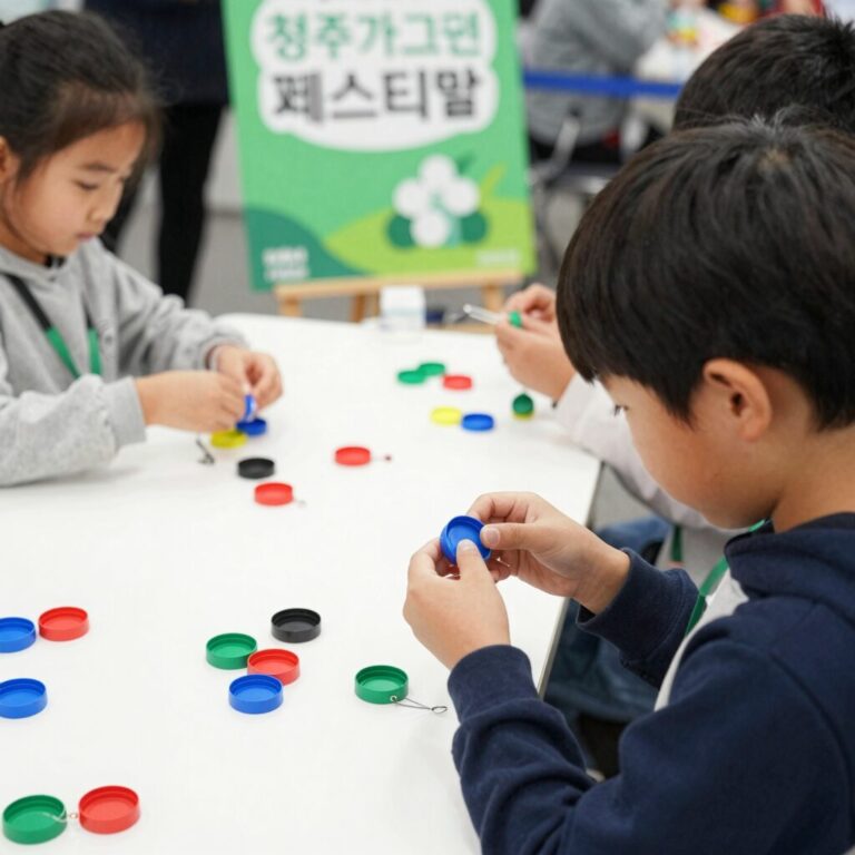 청주 동부창고에서 열린 청주가 그린 GREEN 페스티벌 자원순환 체험 부스에서 어린이가 병뚜껑 키링을 만들고 있는 모습