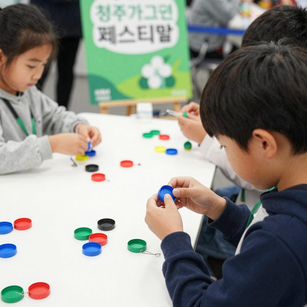 청주 동부창고에서 열린 청주가 그린 GREEN 페스티벌 자원순환 체험 부스에서 어린이가 병뚜껑 키링을 만들고 있는 모습