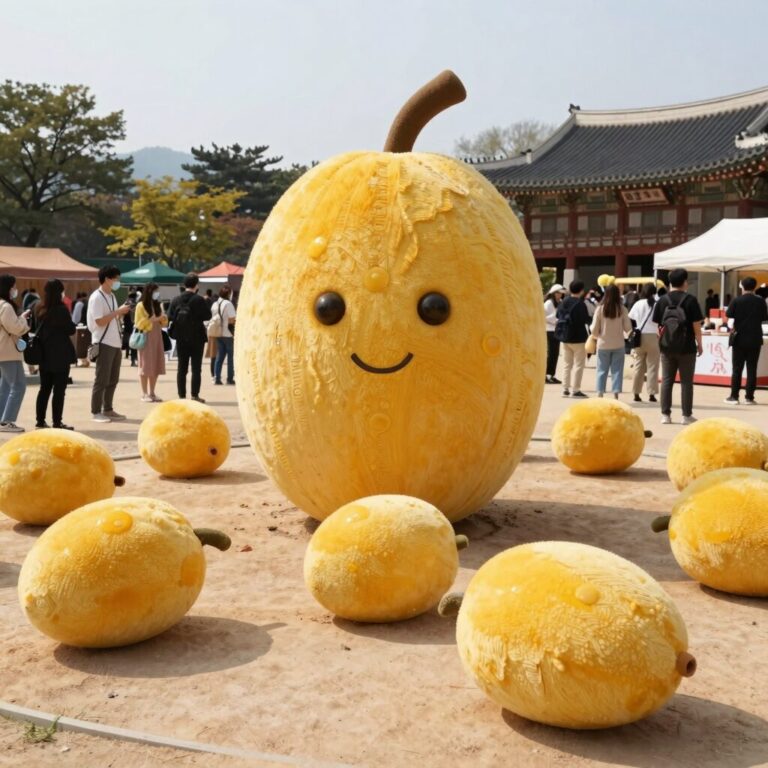 금사근린공원 축제장에 노란 참외 모양 조형물과 방문객들이 가득한 낮 시간 풍경