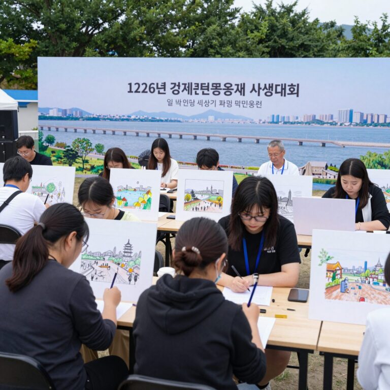 2026년 겸재문화예술제 궁산근린공원에서 열린 사생대회 참가자들이 한강을 배경으로 그림을 그리고 있는 모습