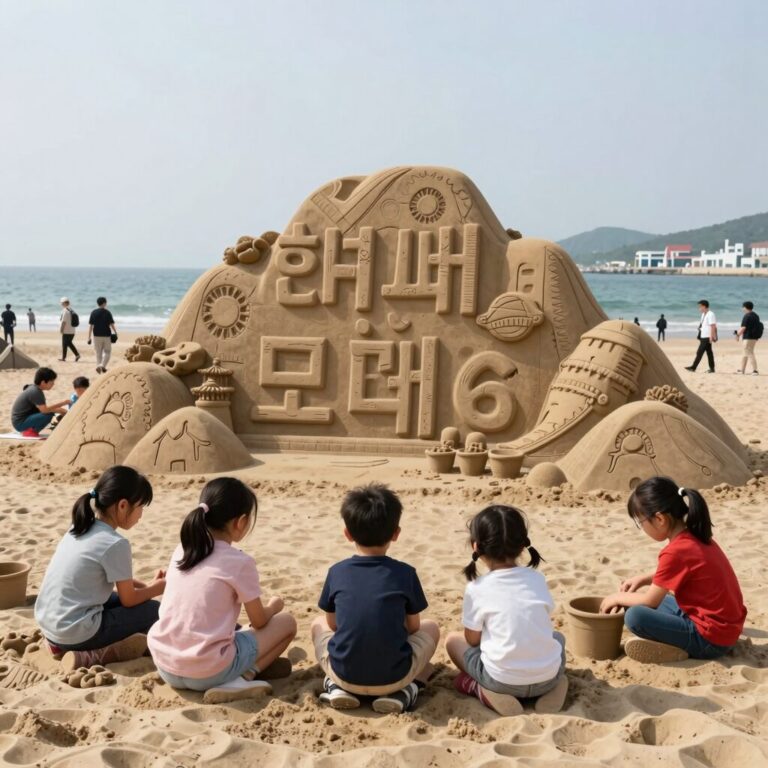 2026 해운대 모래축제 메인 조각 작품 전경 아이들이 모래조각 앞에서 기념사진을 찍고 있는 모습