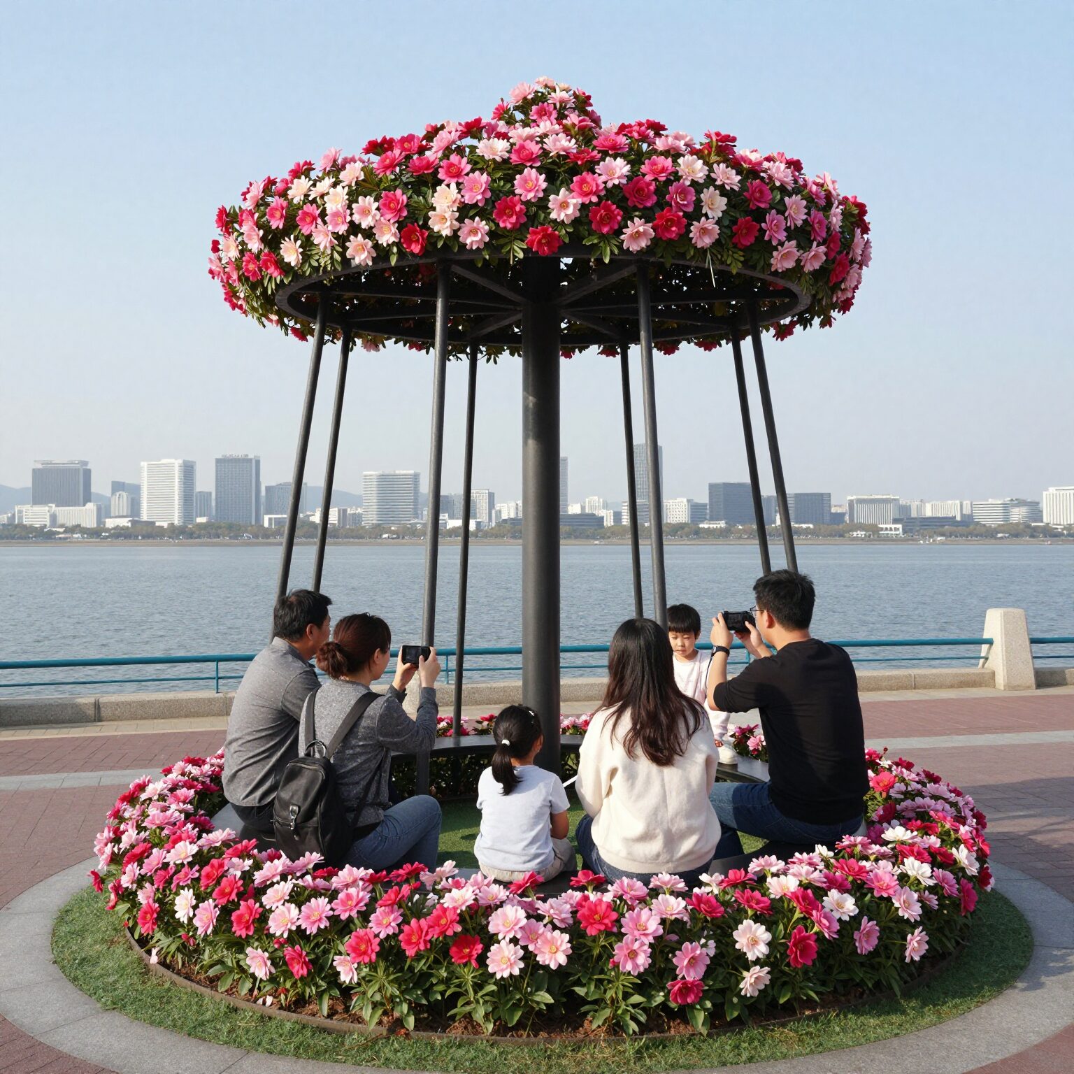 여의도 한강공원 선착장에 설치된 대형 꽃그네 포토존에서 가족과 연인들이 인생 사진을 찍고 있는 모습. 뒤로는 한강과 서울의 스카이라인이 보인다.